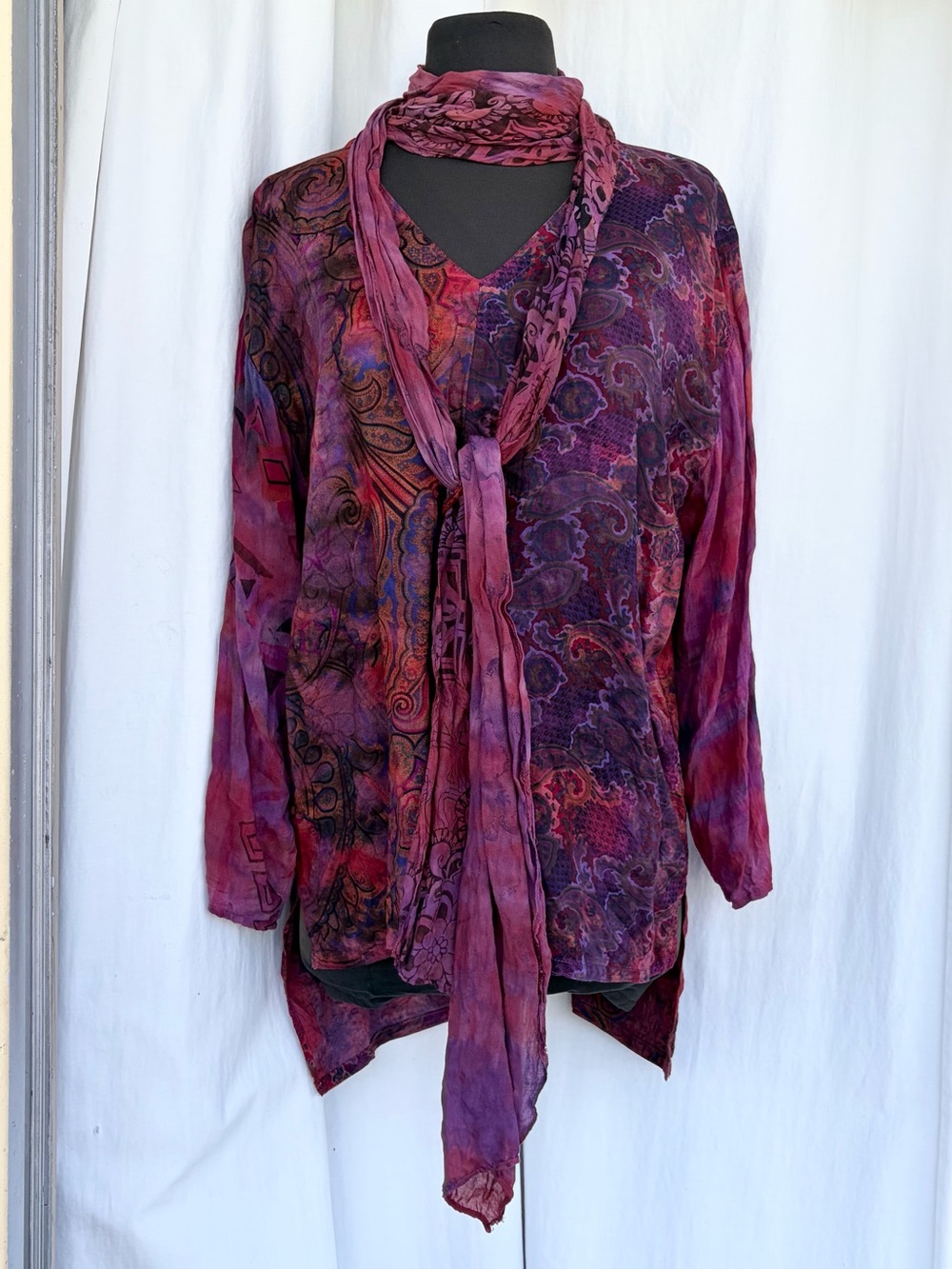 Uru Purple Paisley 100% Rayon Blouse w/ Scarf Tie, Boho Flowy Summer Festival